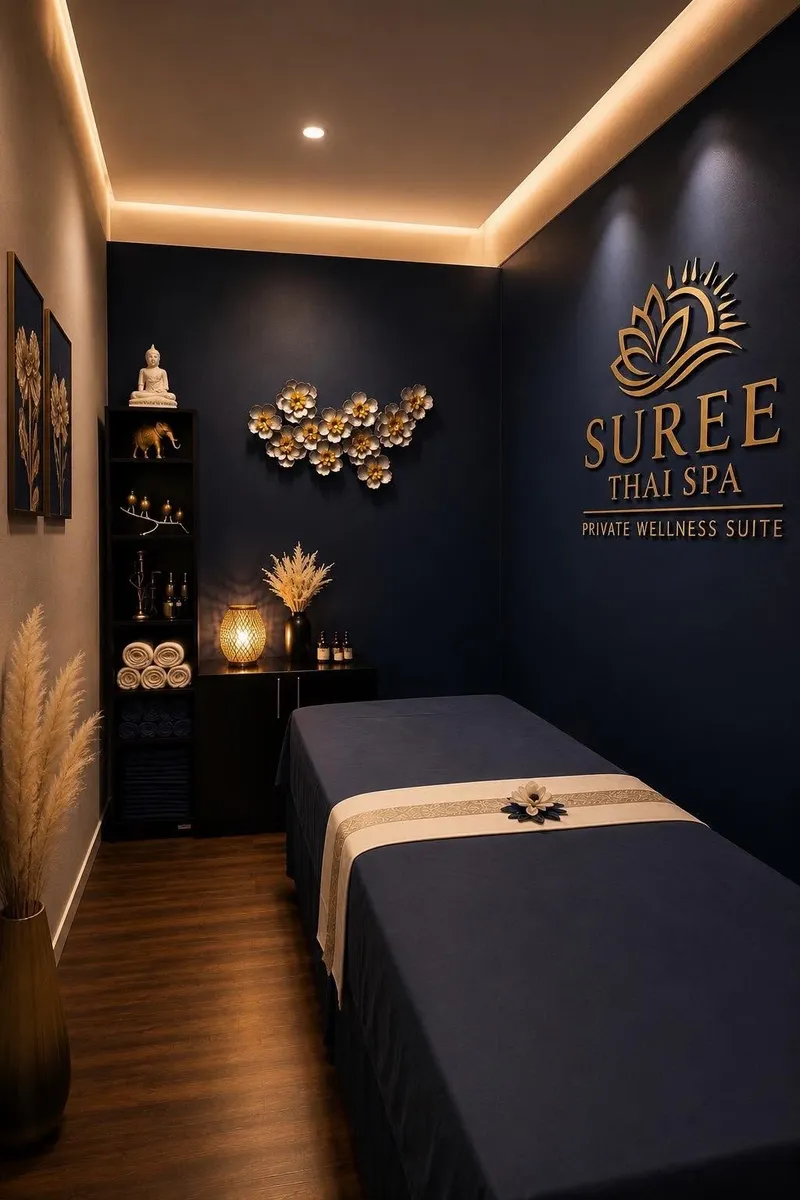 The private treatment suite — a single candlelit bed beneath the Suree Thai Spa wordmark.