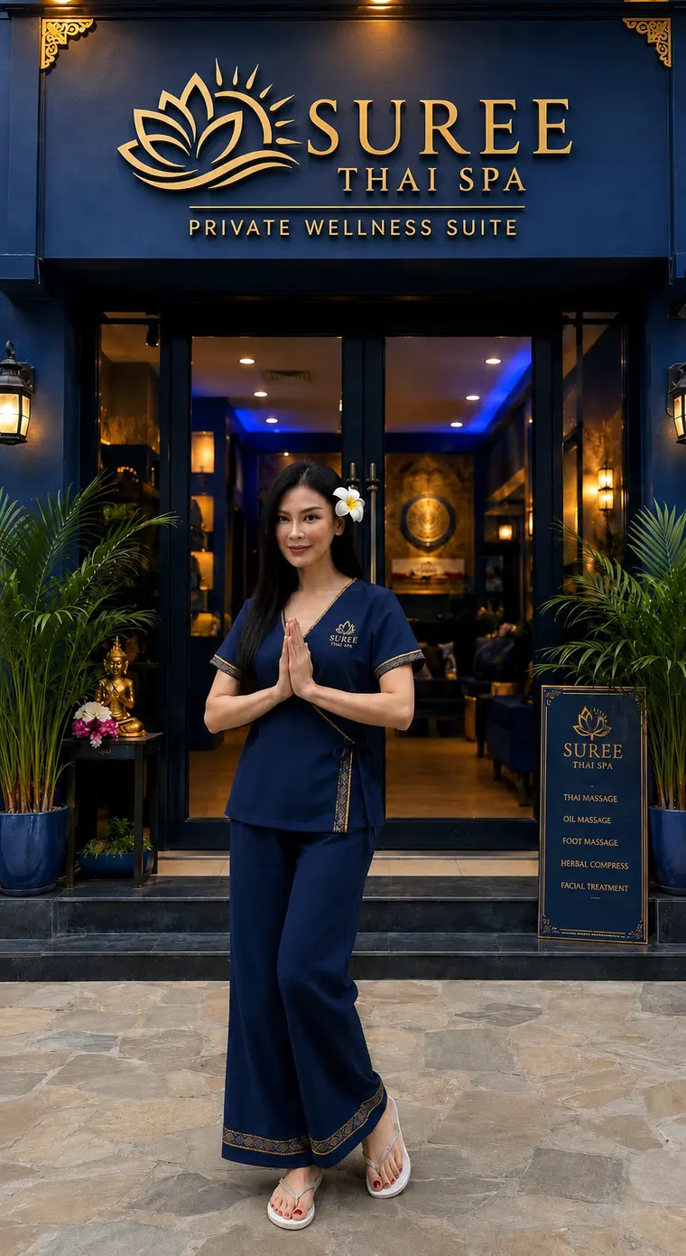 A Suree Thai Spa therapist greeting a guest with a wai at the entrance to the suite.